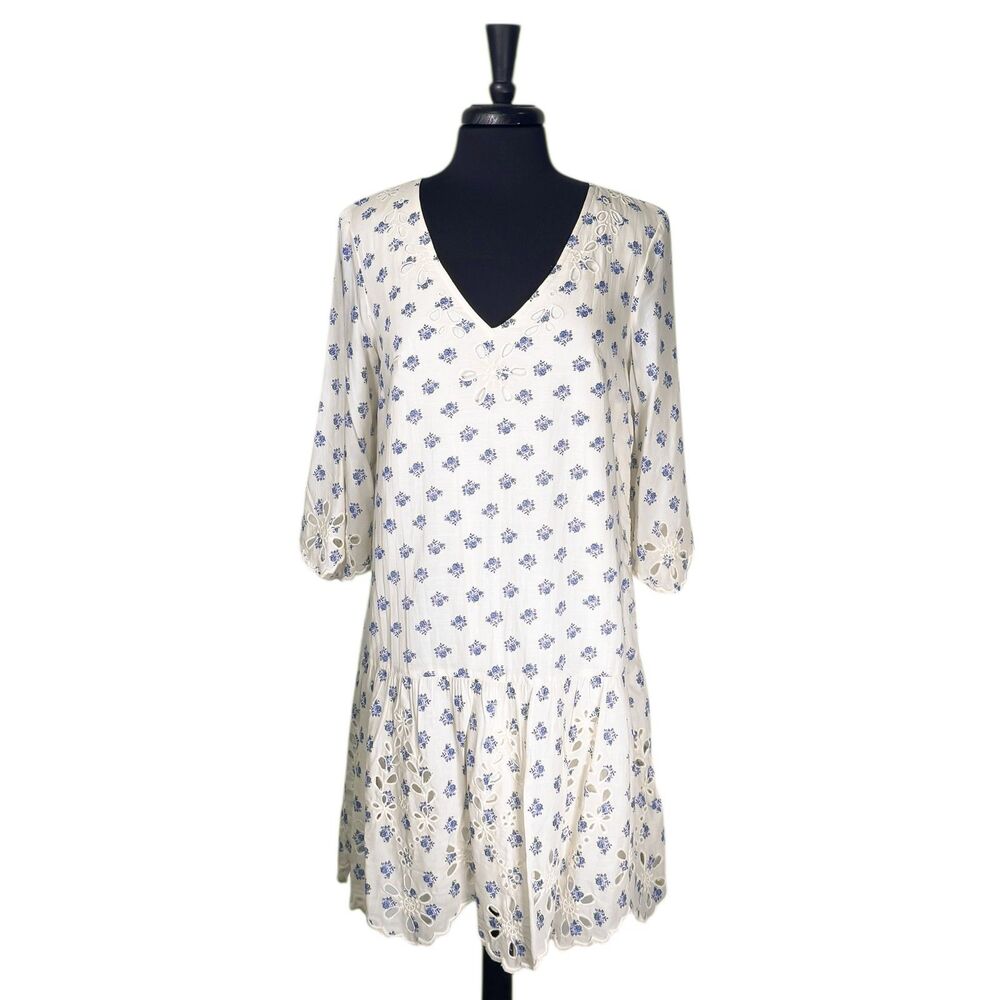 Anthropologie Meadow Rue Womens M Ivory Blue Floral Eyelet Tunic Shift Dress